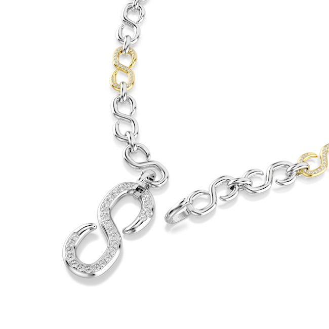 Swarovski Dextera Strandage Round Cut White Mixed Metal Silver Necklace with a unique clasp design on a white background