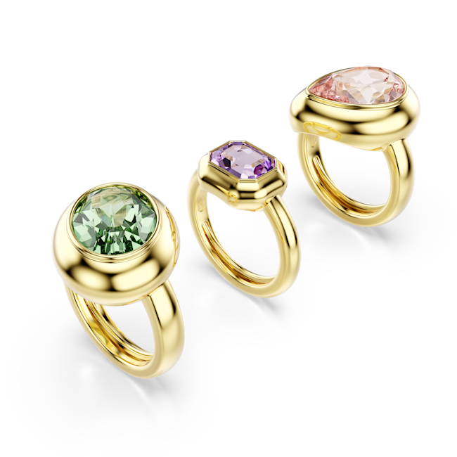 Swarovski Gema Motif Ring Set (3) Multicolored Gold-Tone Three gold rings with colorful gemstones 