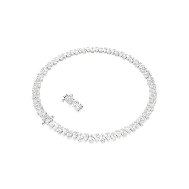 Swarovski Matrix Tennis Necklace Pear Cut White Rhodium Silver necklace and earrings set on a white background