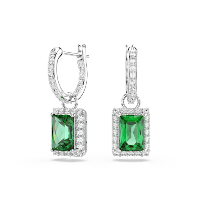 Swarovski Una Angelic Drop Earrings Rectangular Cut Pavé Pair of emerald green gemstone earrings with silver hooks on a white background