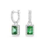 Swarovski Una Angelic Drop Earrings Rectangular Cut Pavé Pair of emerald green gemstone earrings with silver hooks on a white background
