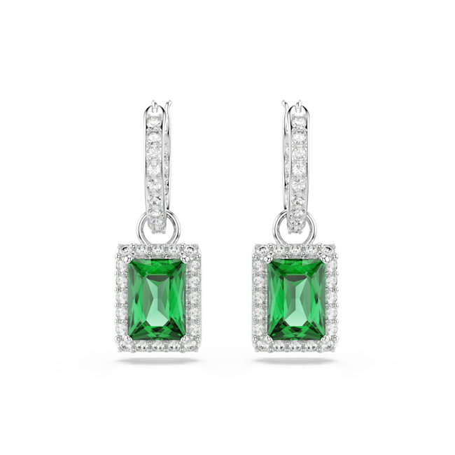 Swarovski Una Angelic Drop Earrings Rectangular Cut Pavé Pair of earrings with green gemstones on a white background