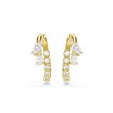 A symmetrical front-on view of the pair of Swarovski Mesmera hoops, illustrating the beautiful face-forward alignment of the round bezel-set crystals and offset drops.
