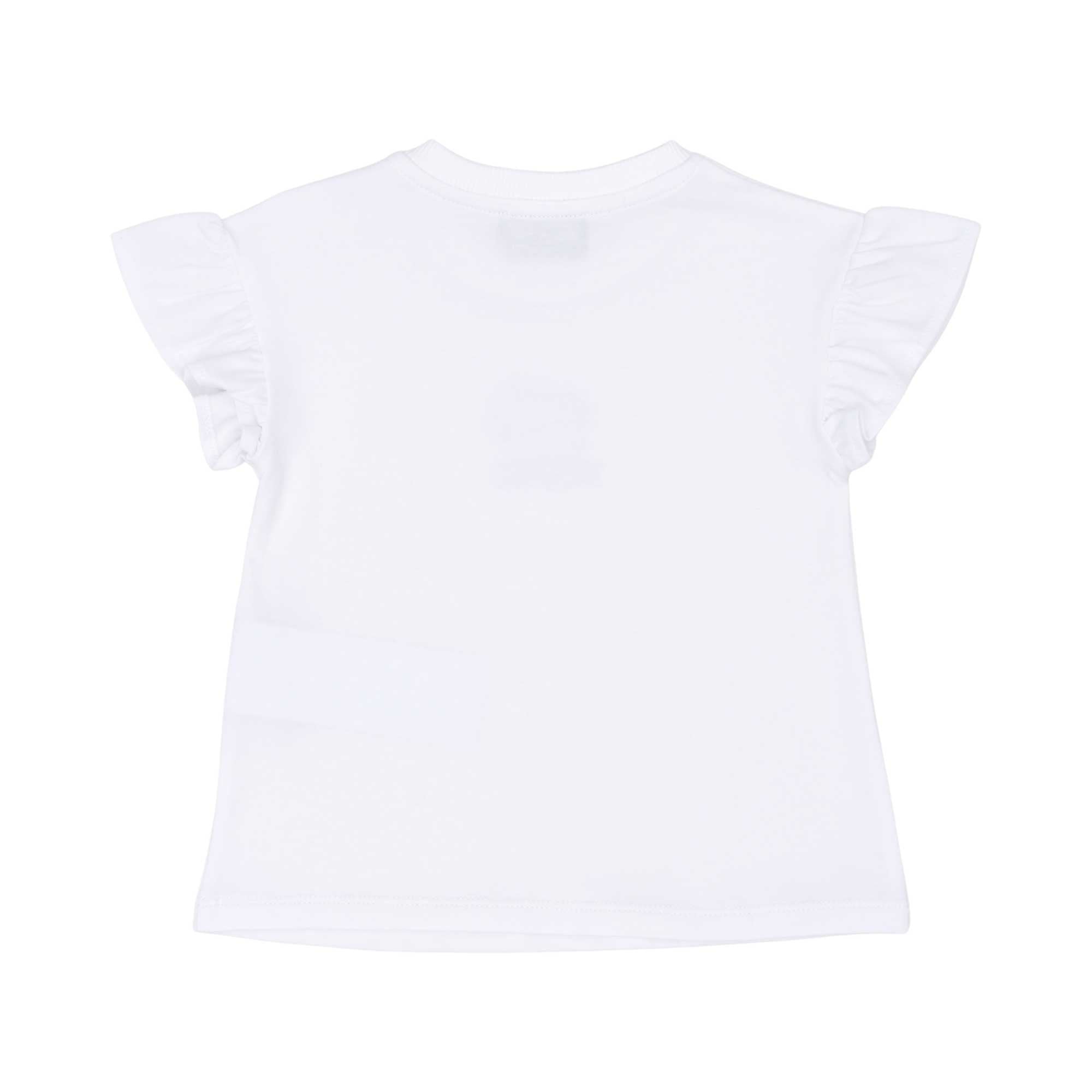 T-shirt-only back view of the Moschino baby girl white top black teddy leggings set. Available for Online Purchase