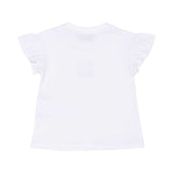 T-shirt-only back view of the Moschino baby girl white top black teddy leggings set. Available for Online Purchase