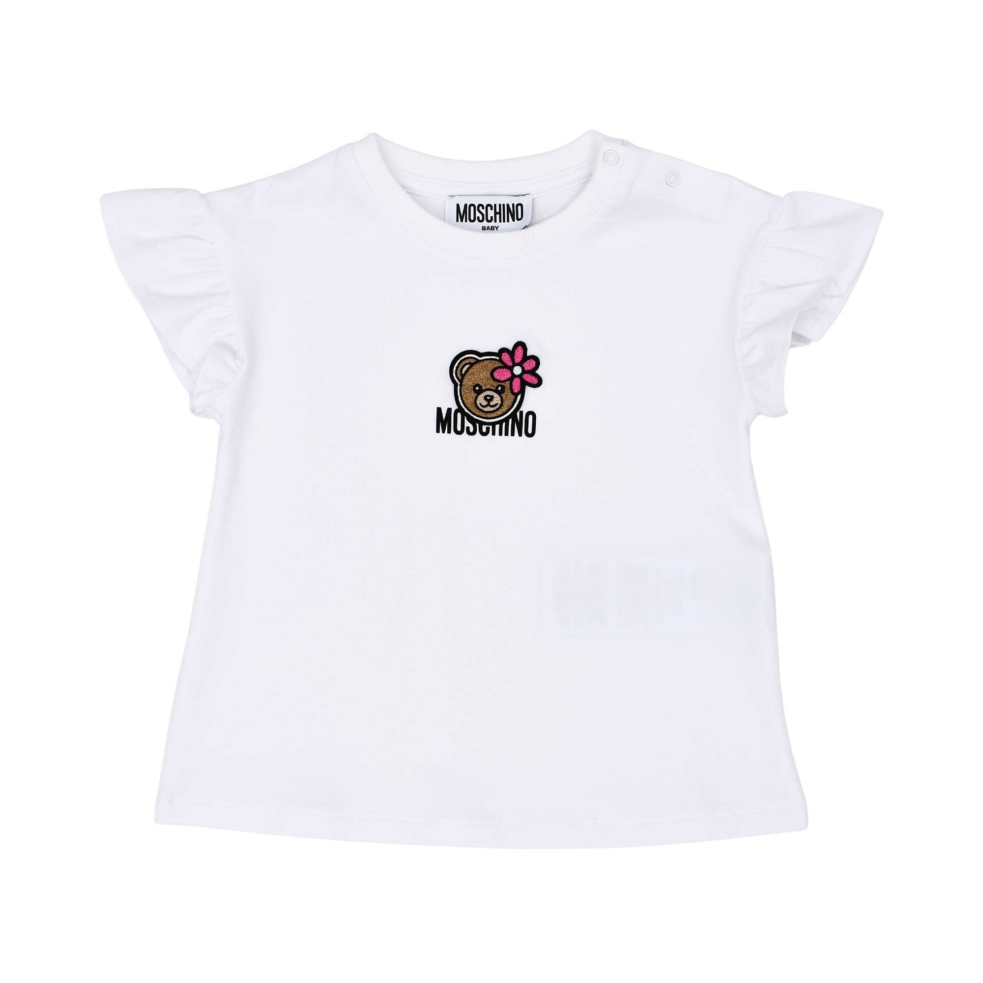 T-shirt-only front view of the Moschino baby girl white top black teddy leggings set. Available for Online Purchase