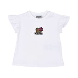 T-shirt-only front view of the Moschino baby girl white top black teddy leggings set. Available for Online Purchase