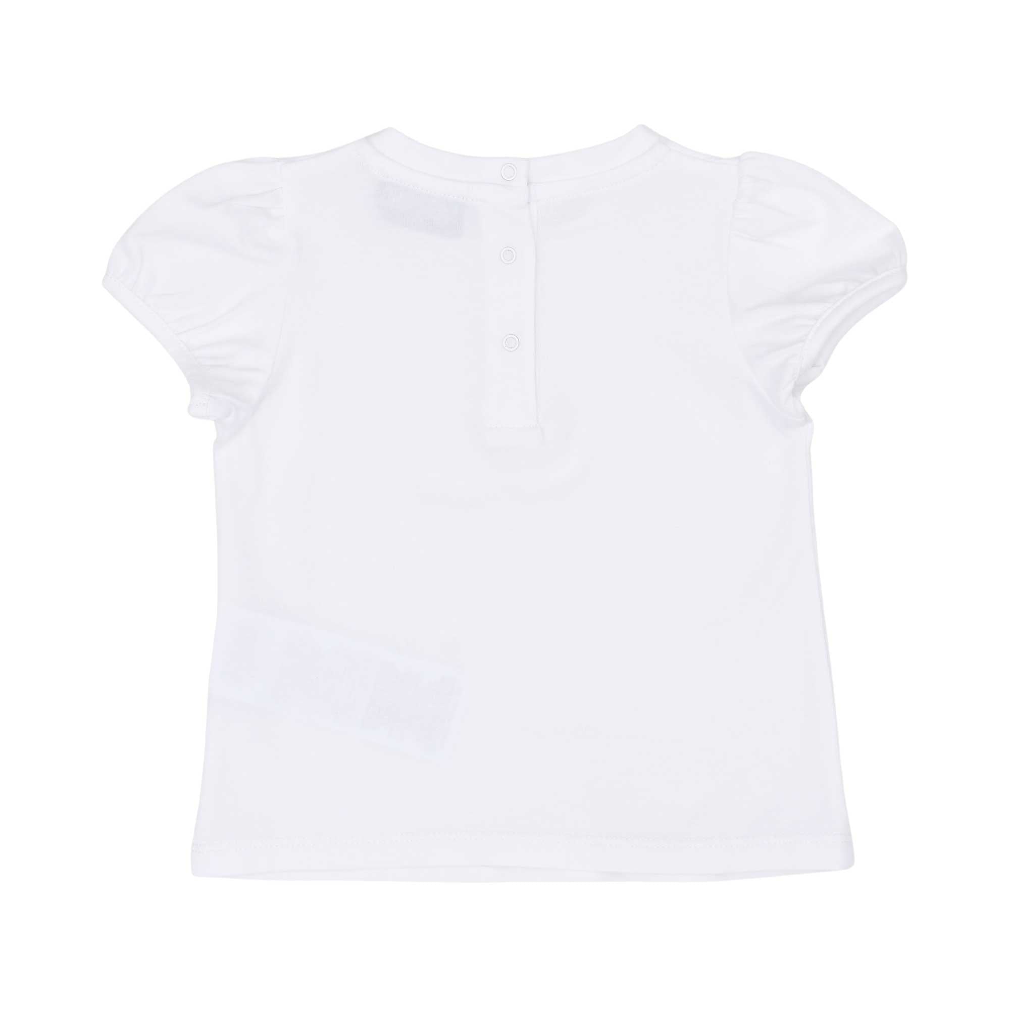 T-shirt back view of the Moschino baby girl white top pink teddy heart leggings set. Shop Online Today.