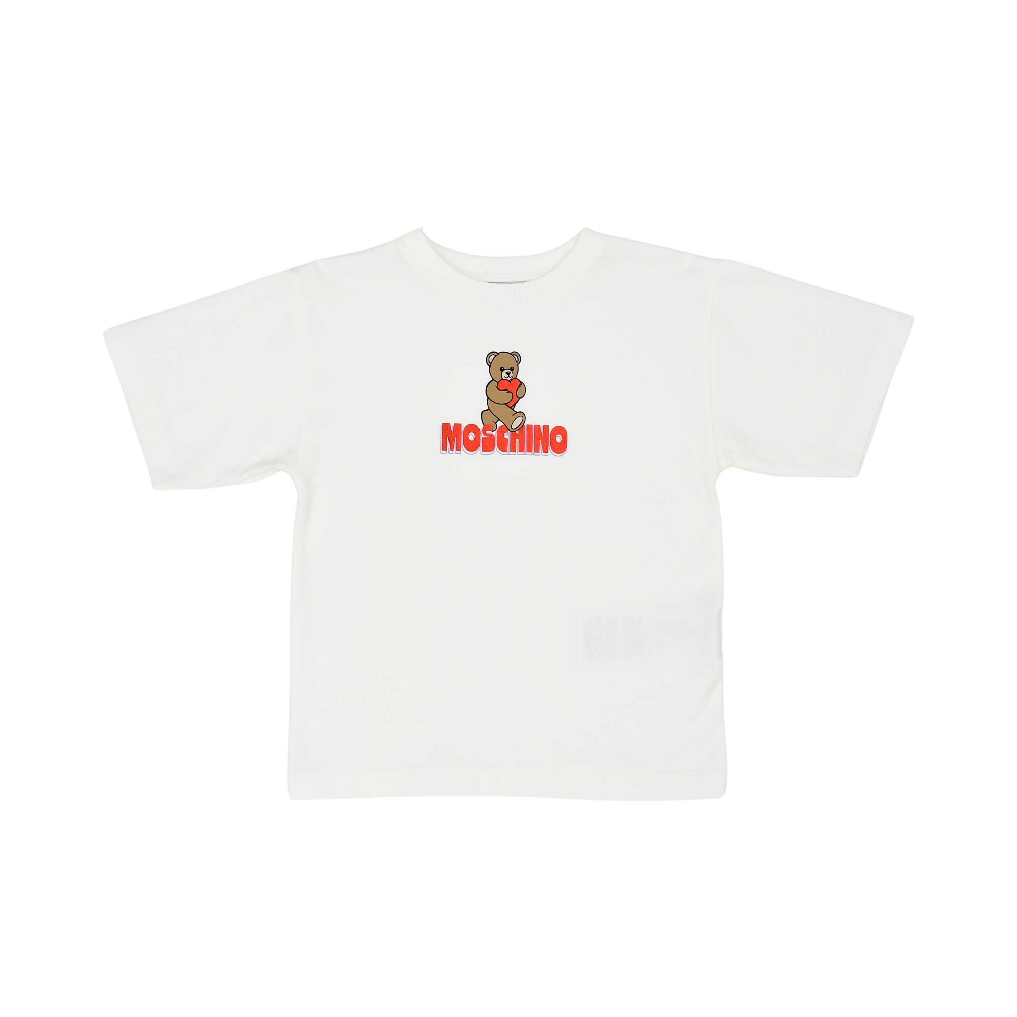 T-shirt front view of the Moschino baby girl white teddy logo top red leggings set. Find the Collection Online