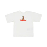 T-shirt front view of the Moschino baby girl white teddy logo top red leggings set. Find the Collection Online