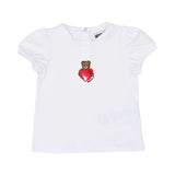 T-shirt front view of the Moschino baby girl white top pink teddy heart leggings set. Shop Online Today.