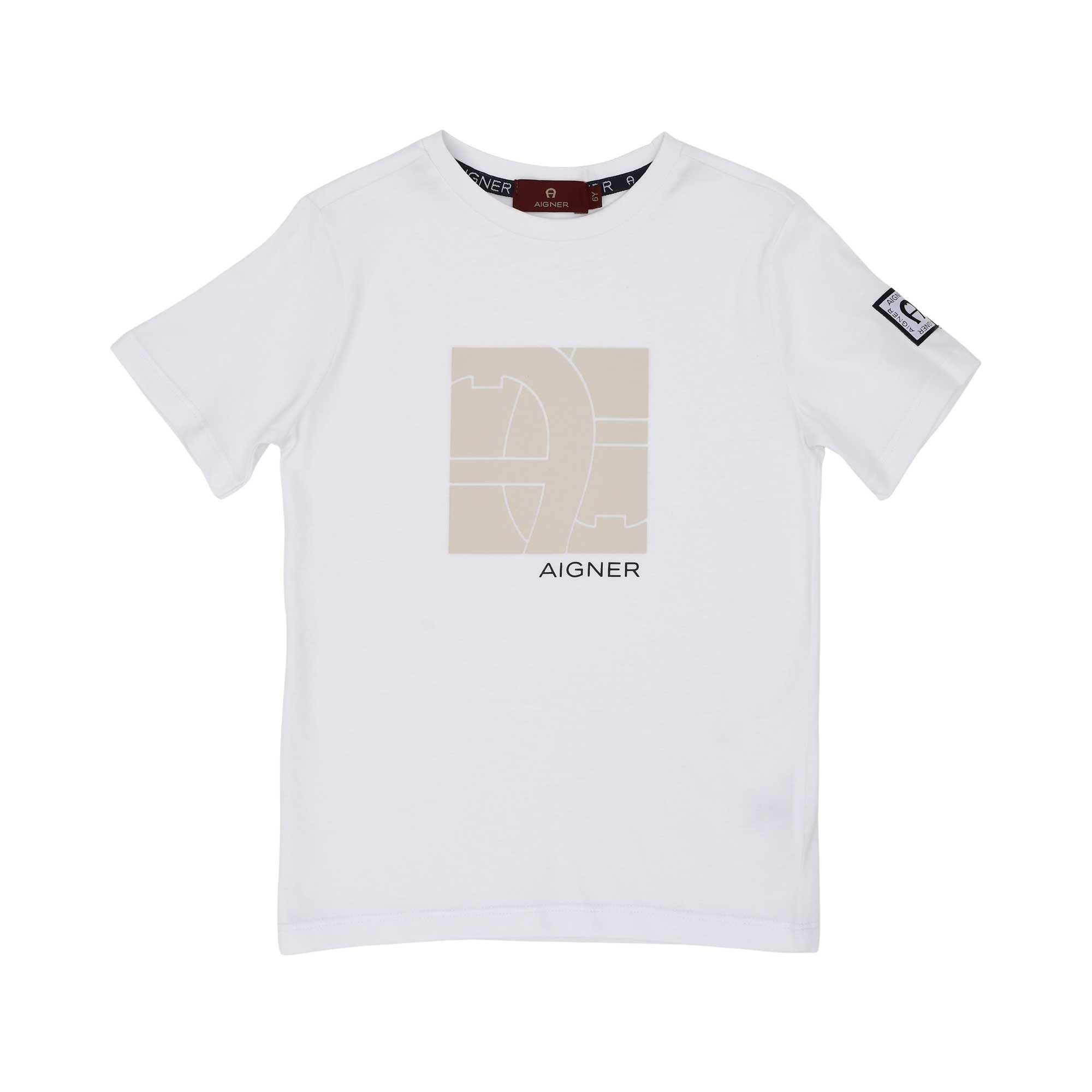 T-shirt only Front view of the Aigner Kids boys white t-shirt beige bermuda shorts set cotton outfit Shop the Latest Online