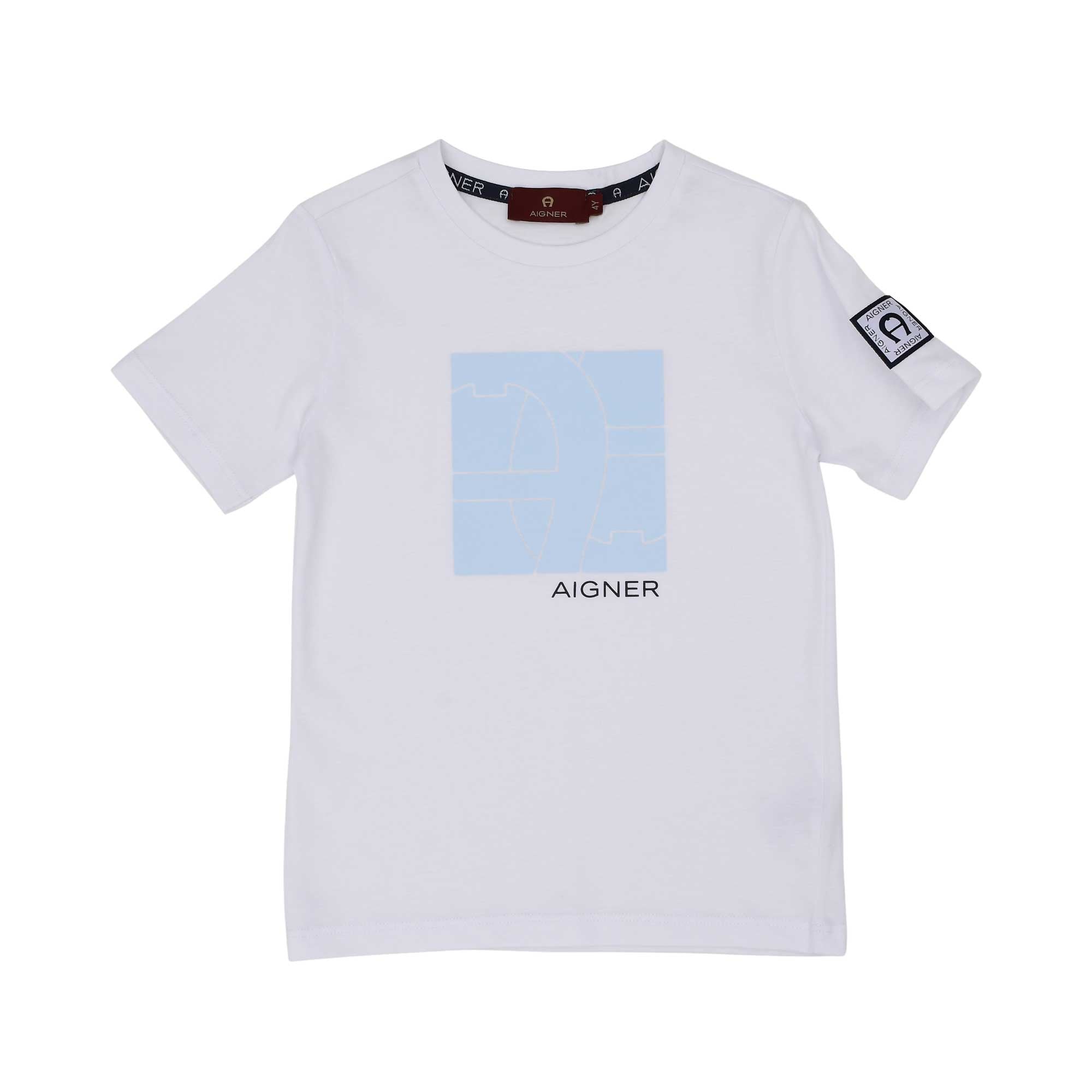 T-shirt only Front view of the Aigner Kids boys white t-shirt blue bermuda shorts set cotton outfit Shop the Latest Online