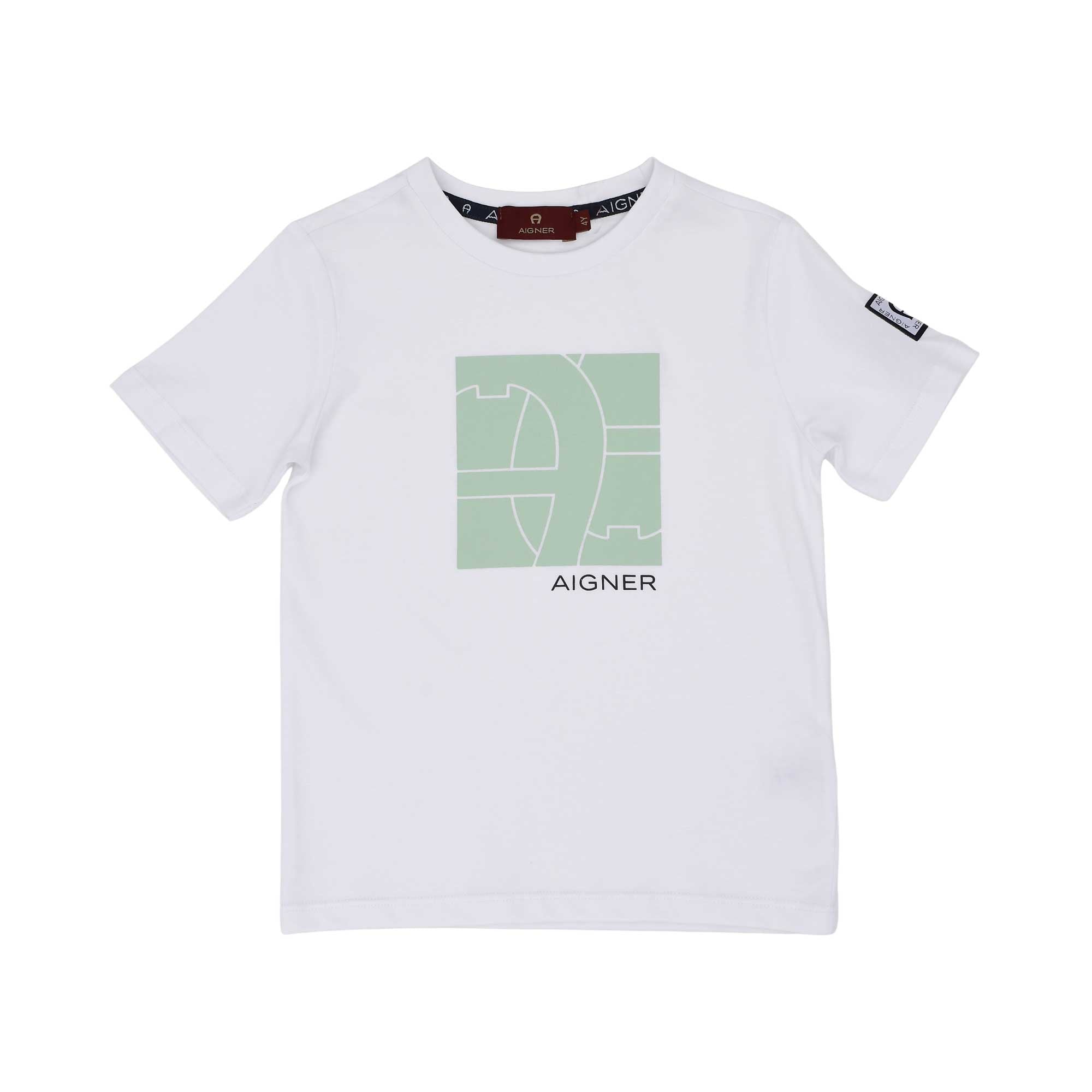 T-shirt only Front view of the Aigner Kids boys white t-shirt green bermuda shorts set cotton outfit Shop the Latest Online