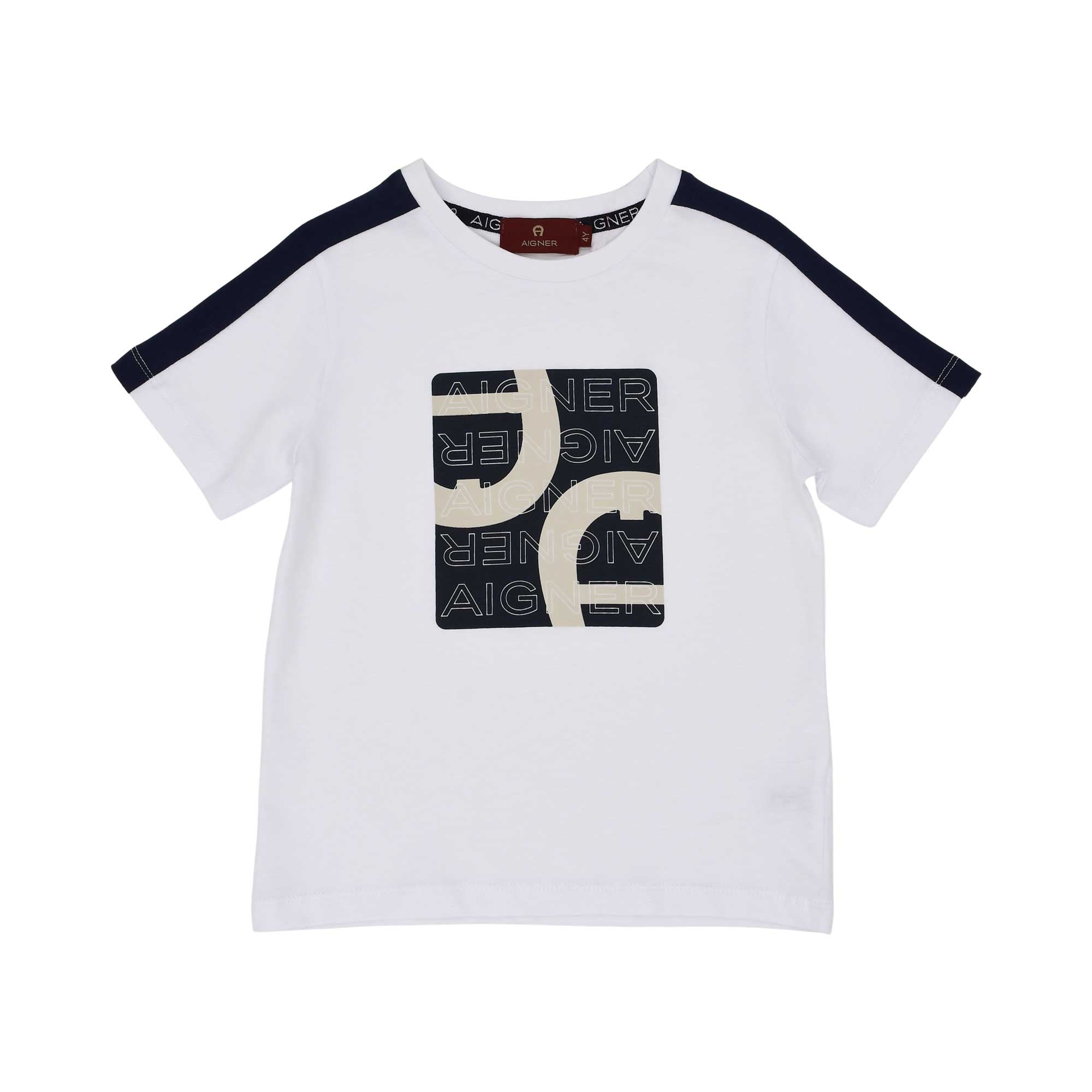 T-shirt only front view of the Aigner Kids boys white logo t-shirt navy bermuda shorts. Now Available Online