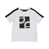 T-shirt only front view of the Aigner Kids boys white logo t-shirt navy bermuda shorts. Now Available Online