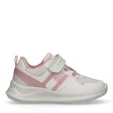 White and pink low-cut sneaker with mesh panels, pink laces, a white Velcro strap, and pink flag-like side stripes.