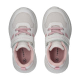 White and pink low-cut sneakers with mesh upper, pink laces, white Velcro strap with 'TOMMY HILFIGER' text, and pink side str