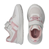 White and pink low-cut sneakers with mesh, pink laces, and a white velcro strap. Pink stripes accent the side.