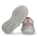 White and pink low-cut sneakers. One shows a white textured sole, the other shows the back with a pink stripe, white mesh, an