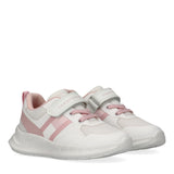White and pink Tommy Hilfiger Kids low-cut sneakers with mesh panels, synthetic overlays, lace-up front, and branded Velcro s