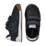 Navy blue low-cut sneakers with two velcro straps, white accents, and brown rubber soles. Features smooth and suede-like pane