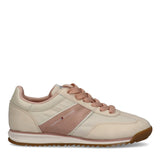 Off-white low-cut lace-up sneaker with pink laces, collar, and a side stripe featuring "TOMMY HILFIGER" text. It has a brown
