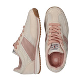 Cream textile and suede low-cut sneakers with pink laces, pink Tommy Hilfiger side stripes, and a brown outsole.