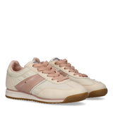 Pair of cream and light pink Tommy Hilfiger Kids low-cut lace-up sneakers with a brown gum sole.
