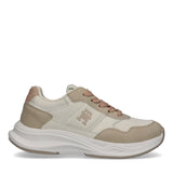 Off-white and nude low-cut lace-up sneaker with mesh and synthetic panels, pink laces, a chunky white sole, and a nude logo o