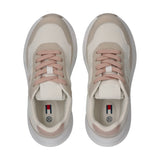 Off-white mesh and nude panel low-cut lace-up sneakers with pink laces, white tongue, and chunky white soles.