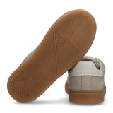 Beige/off-white low-cut suede sneakers with an off-white heel tab and a gum-colored rubber sole with textured tread.
