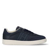 Navy blue low-cut lace-up sneaker with an off-white sole, textured upper, and a darker navy 'H' logo on the side.