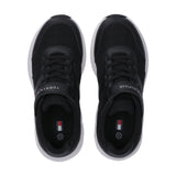 Pair of black mesh low-cut sneakers with synthetic overlays, black laces, and a Velcro strap with Tommy Hilfiger branding. Wh