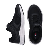 Black low-cut sneakers. Left shoe has a mesh upper, synthetic overlays, white sole, and a Velcro strap. Right shoe has laces.