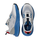 Pair of white mesh low-cut trainers with blue sculpted soles, white laces, grey overlays, and red heel accents.