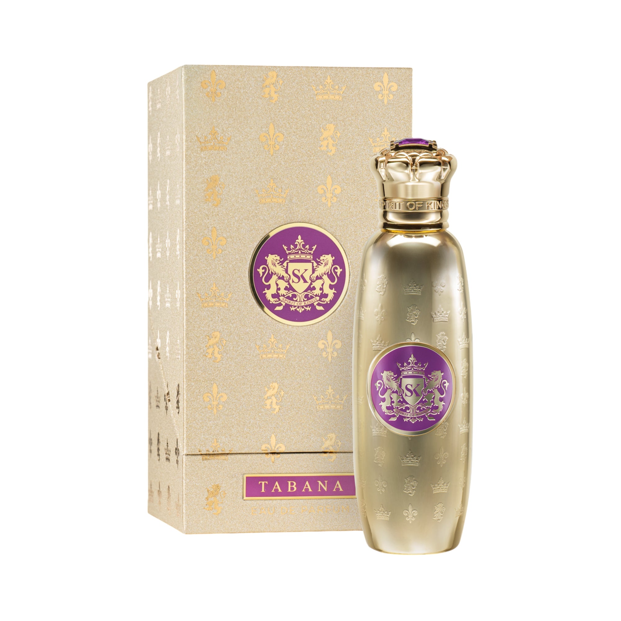 Gold-toned perfume bottle with embossed patterns, crown cap with purple gem, and purple labels, next to a matching gold-toned