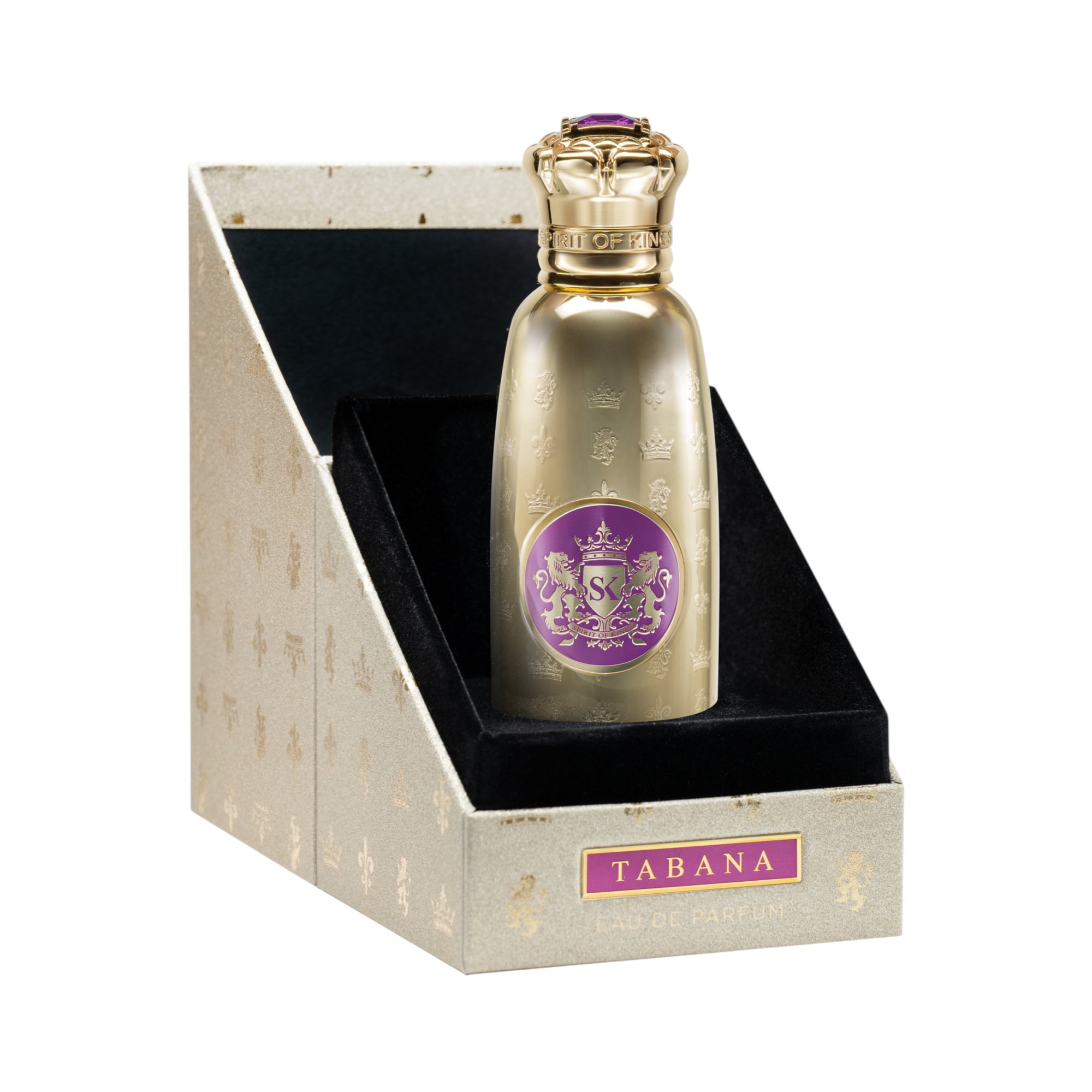 Gold-toned perfume bottle with embossed crowns, a purple crest label, and a crown-shaped cap with a purple gem.