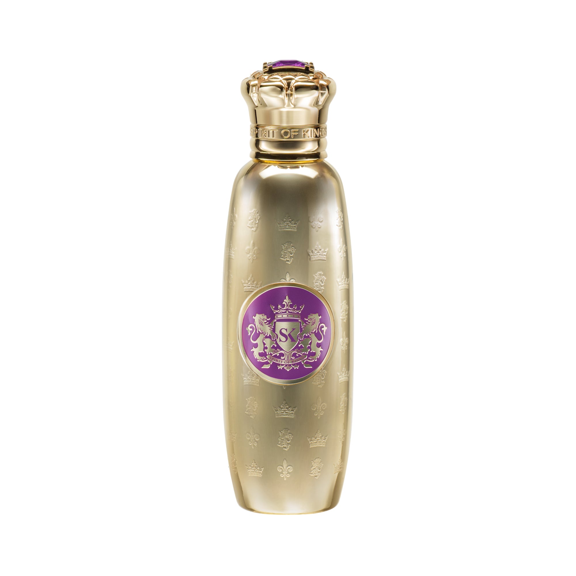 Gold-toned perfume bottle with embossed crown and fleur-de-lis patterns, a central purple and gold emblem, and an ornate gold