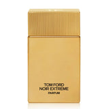 Gold-toned rectangular Tom Ford Noir Extreme Parfum bottle with a ribbed cap and black text.