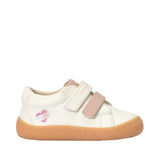 Off-white mid-cut sneakers with pink Velcro straps and a brown rubber sole, featuring a pink heart logo on the side.