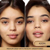 A curved swatch of medium-deep beige liquid concealer with peachy undertones, labeled 420N.