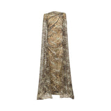 Long, sheer leopard print dress with brown, black, and gold-toned spots. Features a high neckline and long, draped cape sleev