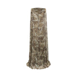 Long, sheer leopard print dress with a V-neck, full button-front, and long, flowing sleeves. Ruffled hem.