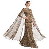 Long gold-toned leopard print dress with a round neckline and flowing cape sleeves