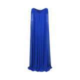 Royal blue long dress with a V-neck, front zipper, and long, flowing, sheer cape-like sleeves.