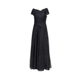 Shop this Talbot Runhof floor-length A-line gown in shimmering navy lurex. Features an asymmetric off-the-shoulder drape and elegant V-back. Perfect for black-tie.