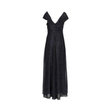 Rear view of a navy metallic Talbot Runhof gown showing the structured off-the-shoulder straps, a deep V-shaped back with a central zip closure, and a streamlined floor-length silhouette.
