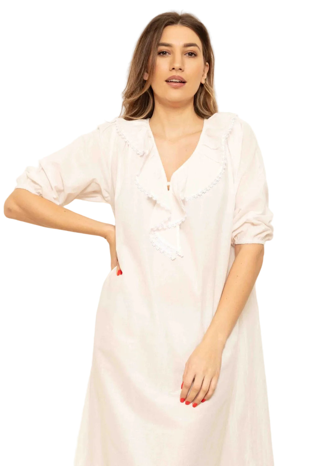 Salmon pink 3/4 sleeve nightdress with ruffled V-neckline, lace trim, gathered cuffs, and side pockets.