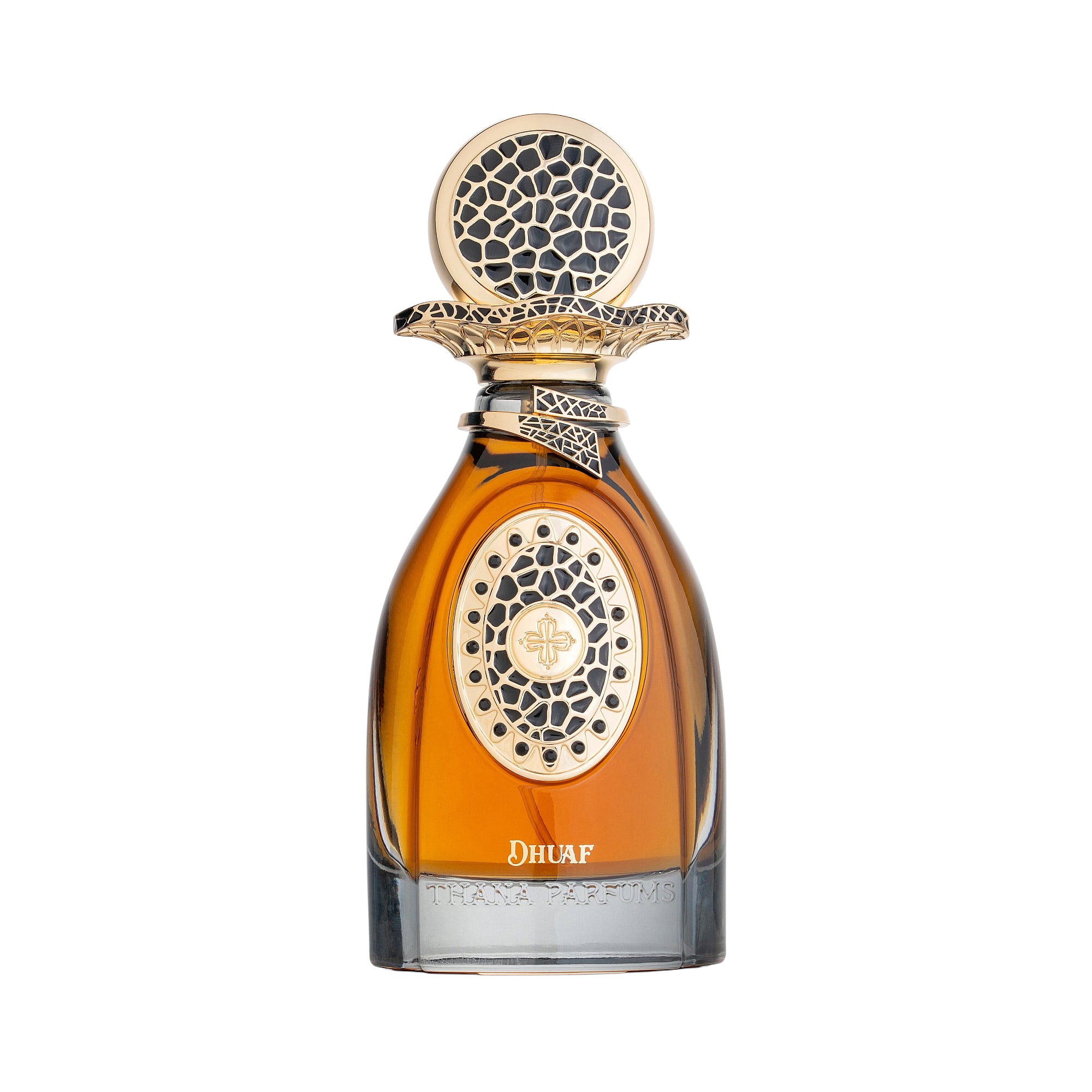 Amber liquid perfume in a teardrop-shaped glass bottle with a dark grey base, ornate gold-toned cap, and black patterned meda
